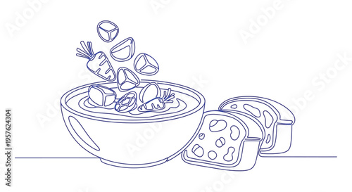 A minimalist blue line drawing depicts soup with vegetables bread and cheese high quality professional detailed