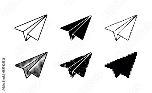 Collection of six diverse paper airplane icons in various artistic styles and textures