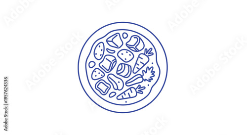 A simple blue line drawing depicts a circular plate of chunky vegetable soup high quality professional