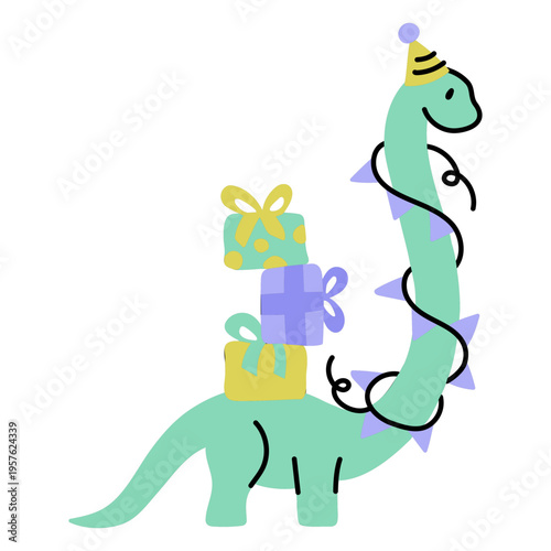Dinosaur with gifts celebrating its birthday