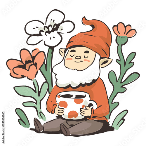 Cute gnome enjoying a cup of coffee