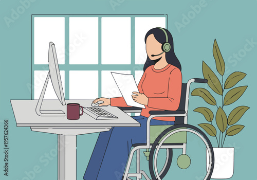 Professional woman in wheelchair working at desk with headset and computer