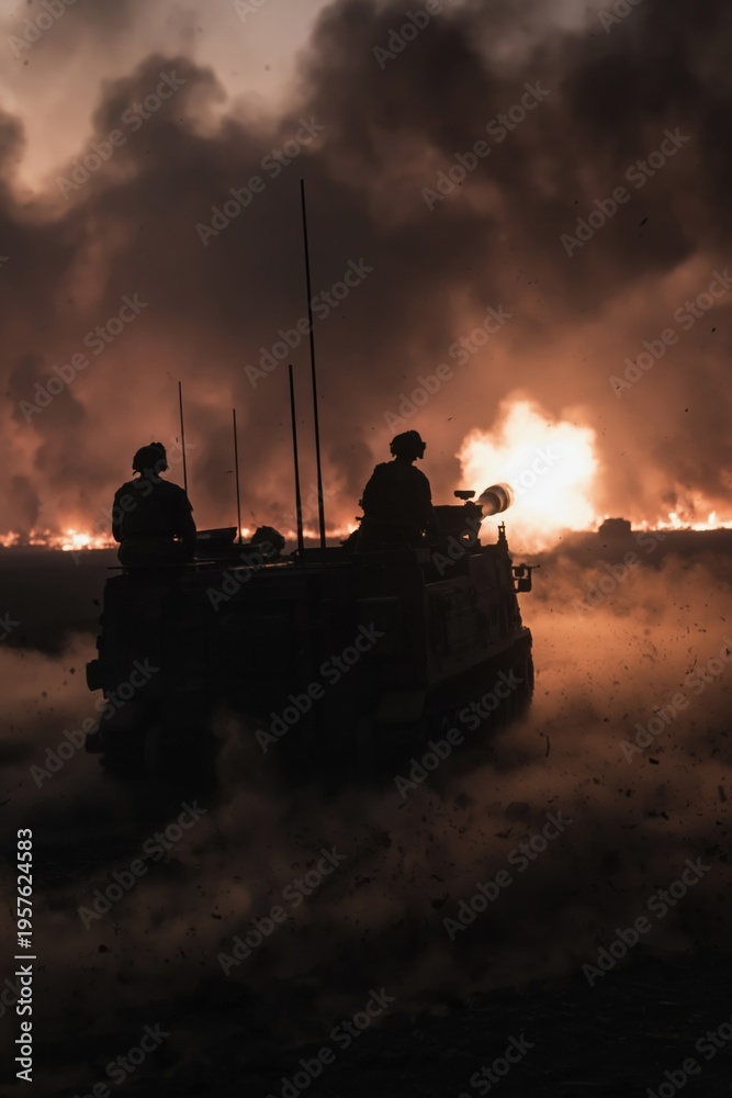 Fototapeta premium Military vehicle moves through smoke and fire during operation in a conflict zone at dusk