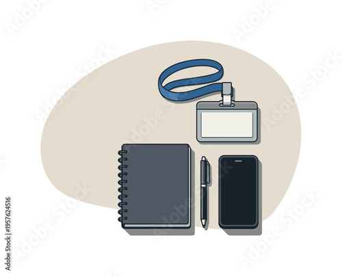 Essential business items laid out: notebook, pen, smartphone, and ID badge