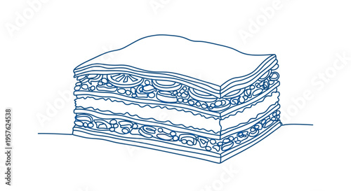 A simple blue line drawing depicts a tall multi layered sandwich with visible fillings high quality professional