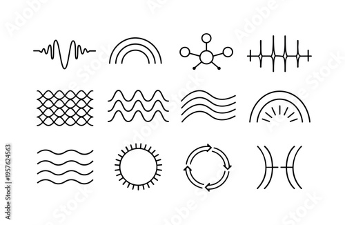 Line style vector icons of oscillatory movement: contraction wave line, rhythmic pulse arc, timing node, expansion bar,