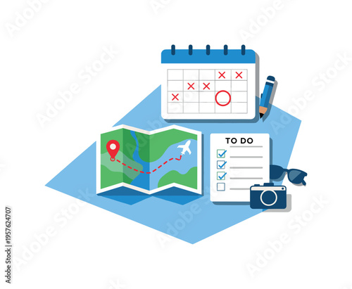 Minimalist Travel Planner. Refined contemporary vacation itinerary planning concept with essential calendar map and checklist
