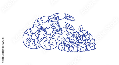 A simple line drawing depicts several shrimp and diced ingredients possibly for cooking high quality professional