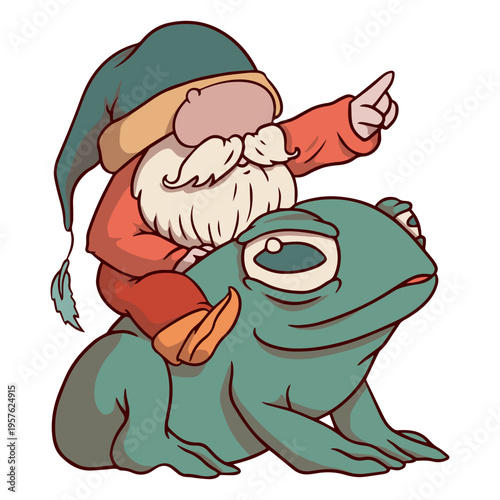 Bearded gnome sitting atop a frog