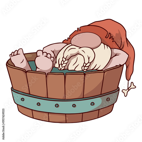 Sleeping gnome resting in a wooden tub