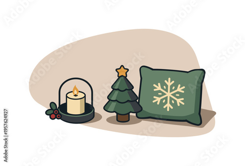 Christmas Cozy Decor. Clean christmas cozy decor concept viewed from above with generic candle holder small tree and cushion