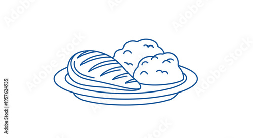 A simple line drawing depicts a plate of grilled chicken and fluffy mashed potatoes high quality