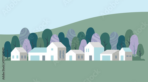 Modern minimalist houses in a serene green landscape illustration