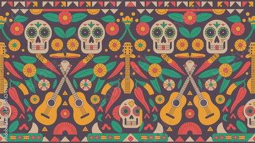 Colorful Mexican Day of the Dead seamless pattern with sugar skulls, g
