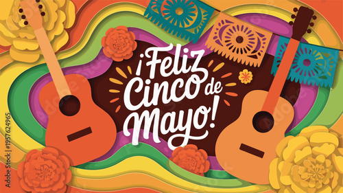 Colorful Cinco de Mayo fiesta with guitars, papel picado banners, and 
