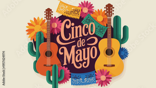 Festive Cinco de Mayo vector illustration featuring guitars, cacti, an