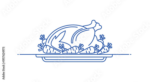A simple line drawing depicts a roasted turkey with carrots on a platter high quality professional