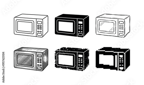 Collection of six different microwave oven illustrations in various styles and techniques