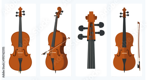 Four illustrations depict various perspectives of stringed instruments