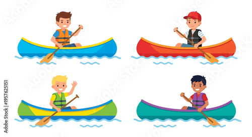 Four young boys happily canoeing on a calm blue body of water