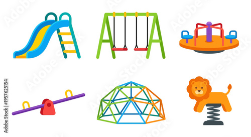 Colorful playground equipment including a slide swings and climbing structures
