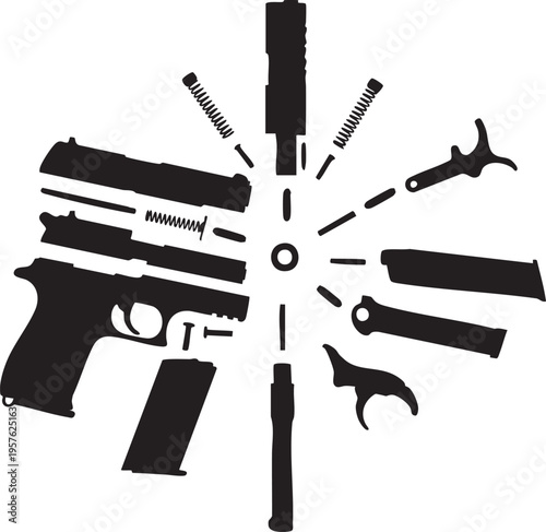 Diagram of a disassembled pistol with tools