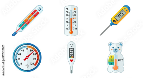 Collection of colorful thermometers and temperature measuring devices displayed together