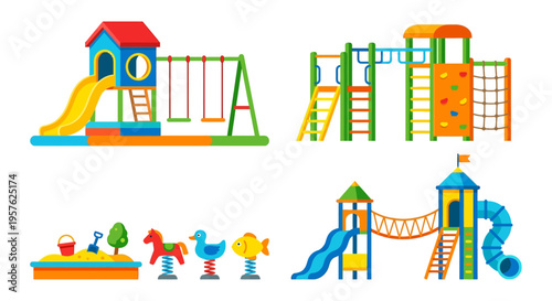Colorful playground equipment including slides swings and climbing structures