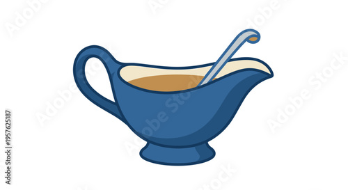 Cartoon illustration of a blue gravy boat with a silver ladle