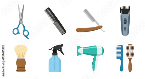 A collection of barber tools arranged on a white background