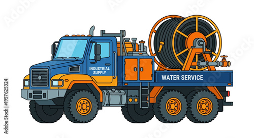 Illustration of a blue and orange industrial water service truck
