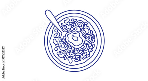Line drawing depicts a bowl of ramen with an egg noodles and various toppings high quality