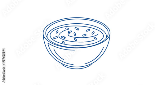 Simple line drawing depicts a bowl of miso soup with visible green onion flakes high quality