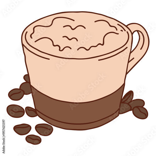 Cup of coffee with whipped cream and coffee beans