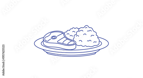 A simple line drawing depicts a plate with steak and a side of mashed potatoes