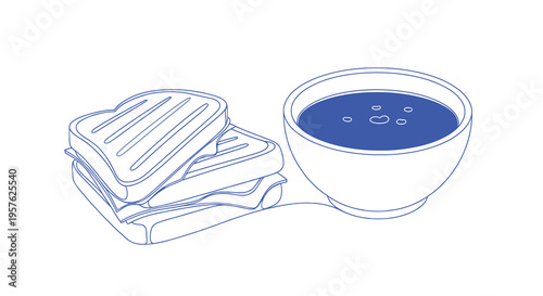 A simple line drawing depicts a grilled cheese sandwich paired with a bowl of soup