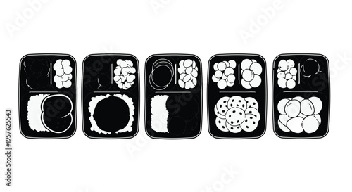 Black meal prep container silhouettes with food compartments isolated on white background for diet and healthy eating