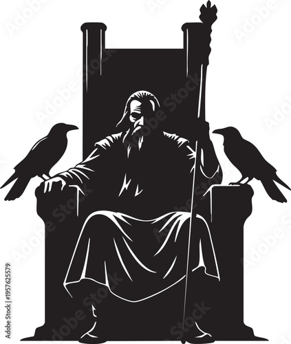 Odin the all father sitting on his throne with ravens