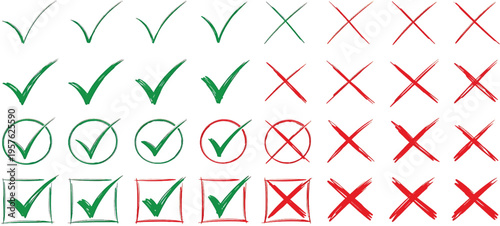 Check tick mark icon set. Cross box x check mark checkbox v list vector draw hand drawn sketch doodle Vector Illustration. Red, Green, Black color