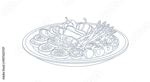 A detailed line drawing depicts a platter filled with an assortment of fresh vegetables high quality