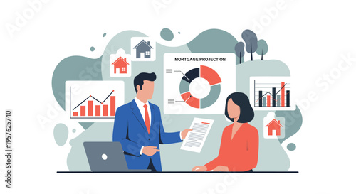 Business analytics meeting flat illustration, data analysis team discussing charts, graphs, and financial dashboard in modern office