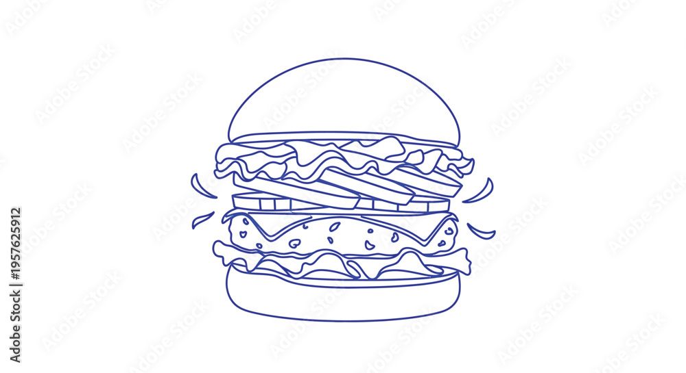Fototapeta premium A simple line drawing depicts a classic cheeseburger with visible layers of ingredients high quality professional