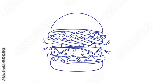 A simple line drawing depicts a classic cheeseburger with visible layers of ingredients high quality professional