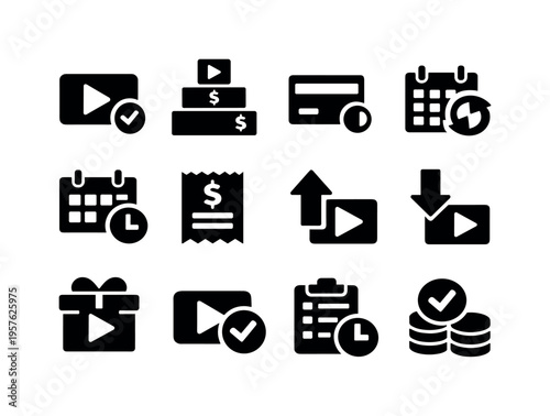 Solid vector icons of video streaming platform subscription and billing: subscription plan, pricing tiers, payment method,