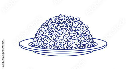 A simple line drawing depicts a plate of fried rice with shrimp a common dish