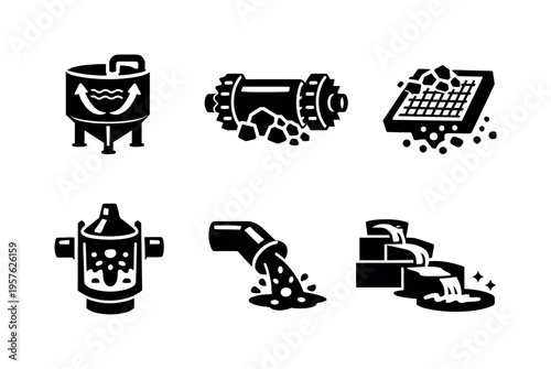 Solid style icons of mineral-processing on-site units: separator tank, crushing drum, filtration mesh, refining core, waste