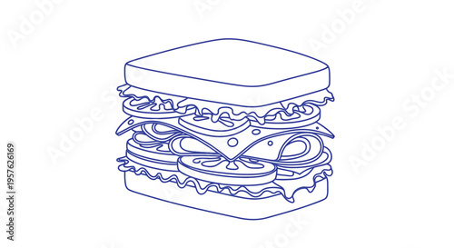 A simple blue line drawing depicts a towering sandwich with multiple layers of fillings high quality