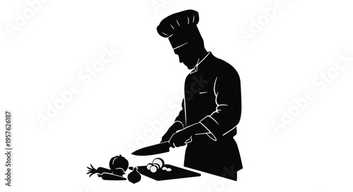 Chef cooking preparing food kitchen illustration silhouette cutting vegetables healthy meal