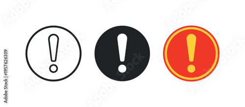 Set of three exclamation mark icons in different styles for alerts and warnings