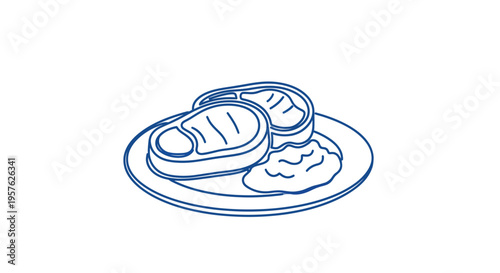 A simple line drawing depicts a plate with steak and a side of mashed potatoes